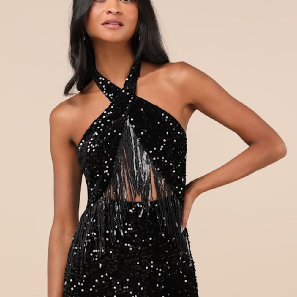 Lulus Elevated Dazzle Black Velvet Sequin Fringe Halter Mini Dress - Size S